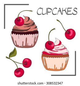 cherry vanilla chocolate cupcakes berry isolated on white