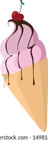 Cherry vanilla-strawberry ice cream in a cone with chocolate sauce
