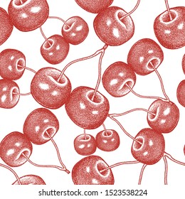 Cherry vector background. Seamless pattern with botanical drawings. Hand drawn cherry berries, organic vegetarian product. Great for product packaging, banner, menu, recipe, poster, print, textile.