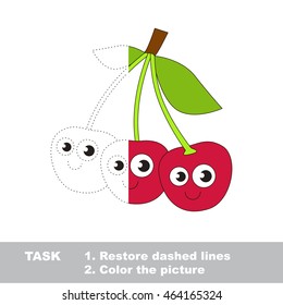 Cherry in vector to be traced. Restore dashed line and color the picture. Visual game for children. Easy educational kid gaming. Simple level of difficulty. Worksheet for kids education.