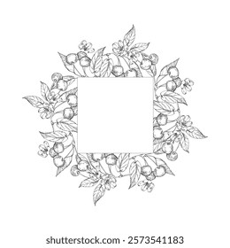 Cherry vector black and white wreath hand drawn with ink. Round frame with leaves, berries of cherry on a white background. Template for label design