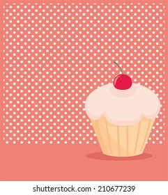 Cherry vector cupcake on white polka dots pink background