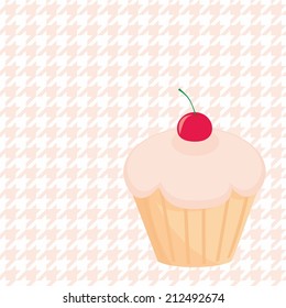 Cherry vector cupcake on white and pink houndstooth background