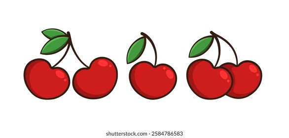 Cherry vector flat illustration. Collection of red berries with green leaves on white background.