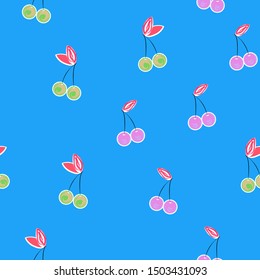 Cherry Vector Fruits Seamless Pattern. Summer Berry Graphics Illustrations Wallpaper Print.