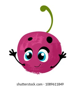 Cherry. Vector funny fruit, cartoon character with face and hands