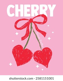 Cherry vector graphic with red ribbon bow. Placement design for t shirts. Heart shaped cherries with green stem and slogan. Sketchy child like illustration. Cute and simple hand drawn art. Valentines 