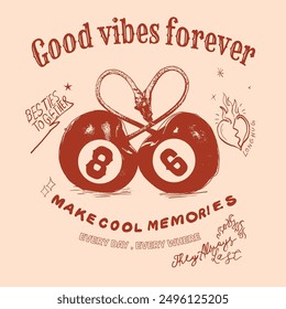 Cherry vector graphics, text print design, heart shape with cherry t-shirt design, good vibes forever slogan, hand drawn cherry with hand writing text font summer t-shirt, sweatshirt vector graphics