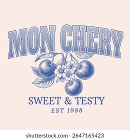 Cherry vector graphics. trendy fashion graphics. collage typography font this art. women's t shirt food print design. Vintage line drawing and doted cherry illustration
