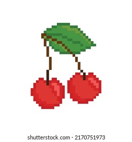 Cherry vector icon. Pixel art. 8 bit logo for game. eps10