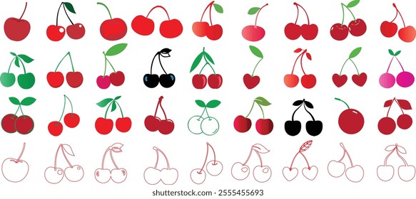 Cherry vector icons in vibrant colors. collection of cherries includes minimal, abstract, outlined, and artistic styles. Perfect cherry for graphic design, packaging, and digital artwork projects
