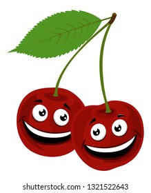 Cherry. Vector Illustration of a funny pair of cherries with face, on white background.