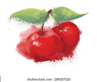 cherry vector illustration. grunge. watercolor. spray. spots. bright fruit. red. dessert.