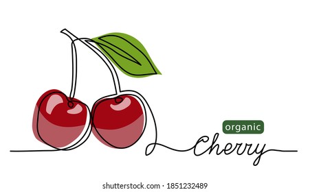 Cherry vector illustration. One line drawing art color illustration with lettering organic cherry.