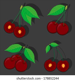 Cherry vector pack. Ripe berry with leafs,whole and halves with bone