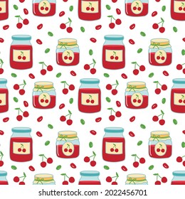 Cherry vector pattern. Autumn seamless illustration with cherry jam jars and cherry berries on a white background. For printing on fabric, packaging, for the design of cookbooks, etc.