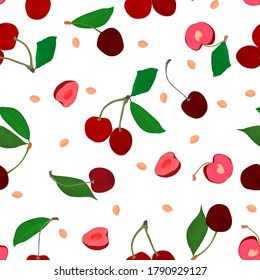 Kirschvektor. Wiederholt süße Früchte. Zeitloser Hintergrund. Trendfarbener Sommerhintergrund. Vektorheller Druck für Stoff oder Tapete.