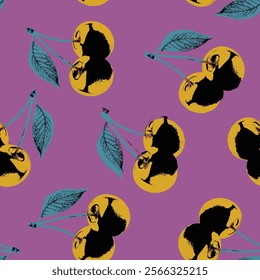 Cherry Vector seamless illustration. Hand drawn Pop Art style. Retro concept.