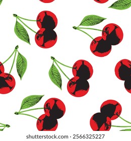 Cherry Vector seamless illustration. Hand drawn Pop Art style. Retro concept.