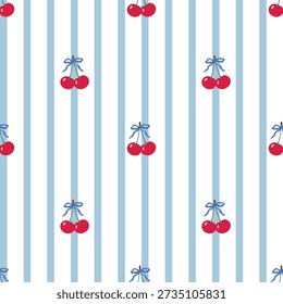 Cherry vector seamless pattern with blue stripes cute minimal fruit illustration design.