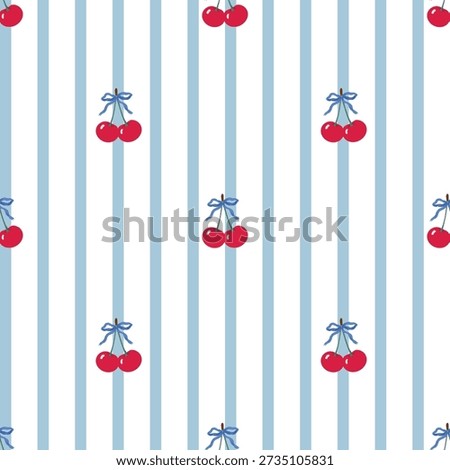 Cherry vector seamless pattern with blue stripes cute minimal fruit illustration design.