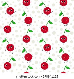 Cherry, vector seamless pattern with cute fruit characters on dotted background