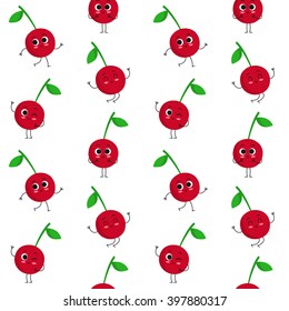 Cherry, vector seamless pattern with cute fruit characters isolated on white