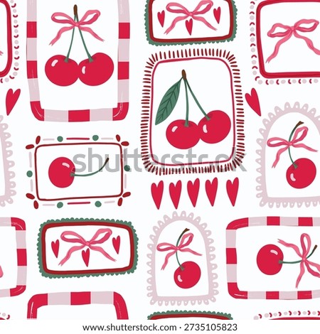 Cherry vector seamless pattern with decorative frames bows hearts cute retro illustration.