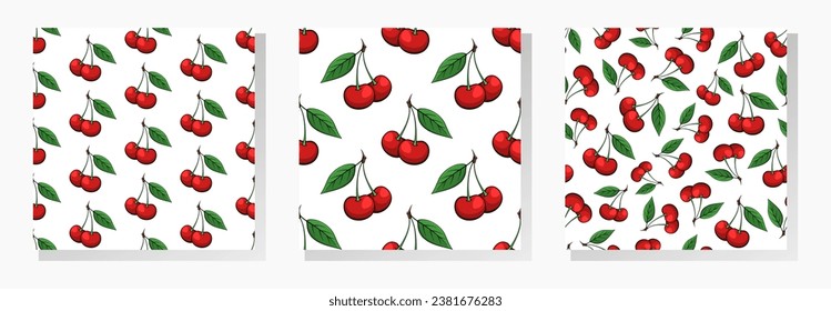 Cherry vector seamless patterns collection. Red berries with green leaves on white background.
