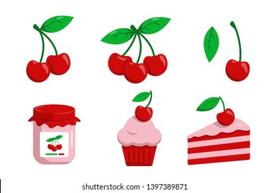 Cherry vector set of berries, leaves, jam, cupcake, muffin. 