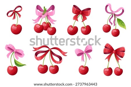 Cherry vector set with cute coquette bow and pink ribbon. Vintage girly graphic print of red cherry fruit with lace bowknot for retro valentine day design. Trendy y2k aesthetic for summer stickers.