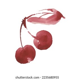 Cherry vector sketch icon isolated on background. Hand drawn watercolor brush illustration. Cherry sketch icon for infographic, website or app.