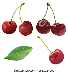 Cherry. Vector. Sweet and sour. Red. Garden fruits. Berry. Fresh, drink. Delicious. Health vegetarian food. Dessert. Vector illustration isolated object.