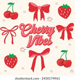 Cherry Vibes Fashion Slogan with cherry and bow illustrations for T-shirt and graphic vector Print.