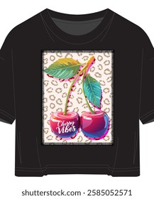 Cherry Vibes slogan text with leopard texture trend t shirt vector design.