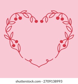 Cherry Vine Heart Frame. Delicate outline Love Valentine with tiny berries and curls for sweet romantic designs. Vector card template