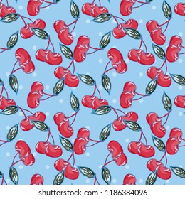 cherry vintage pattern on blue background in cartoon style