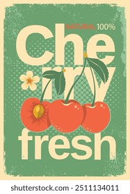Fondo de cartel vintage de cereza con texto. Ilustración de estilo verde rojo de jugo fresco de cereza de verano de Vector con texto en papel viejo Textura de fondo.
