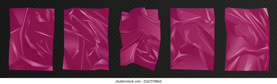 Cherry Violet Pink Crumpled Polyethylene, Plastic Film Set Vector Illustration. 3d Glue Paper Sheet, Cellophane Package Or Bag With Wrinkles Shiny Effect, Elastic Wrapper Mockup Transparent Background