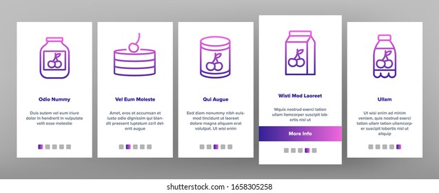 Cherry Vitamin Berry Onboarding Icons Set Vector. Cherry On Pie And Cake, Juice And In Drink Cup, Fresh And Pickles, Blender And Harvest Illustrations