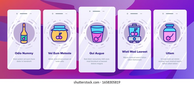 Cherry Vitamin Berry Onboarding Icons Set Vector. Cherry On Pie And Cake, Juice And In Drink Cup, Fresh And Pickles, Blender And Harvest Illustrations
