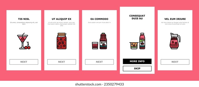Cherry Vitamin Freshness Berry onboarding mobile vector. Cherry Compote And Juice, Alcoholic Cocktail And Yogurt, Pastry Cookie With Fruit Jam And Delicious Pie Dessert Color Illustrations
