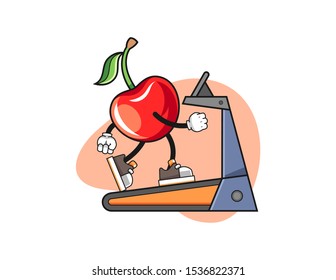 Cherry walking on treadmill cartoon. Mascot Character vector.