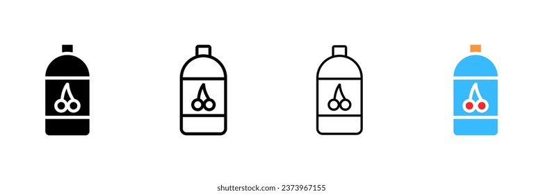 Cherry water bottle. Different styles, water bottle, cherry on the bottle, water with cherry. Vector icons
