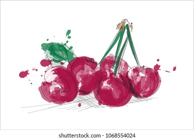 cherry watercolor illustration. hand drawn cherries with ink scatter. fresh ripe fruit. 