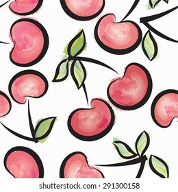 Cherry watercolor seamless pattern. Juicy fruits and berries tiled background