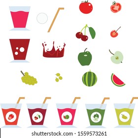 Cherry, watermelon, Apple, tomato and grape juice in a glass drawn in a flat vector. Juice splashing in a glass. Healthy drink vegetarians.
