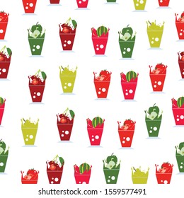 Cherry, watermelon, Apple, tomato and grape juice in a glass drawn in a flat vector. Juice splashing in a glass.
