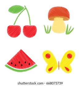 Cherry, watermelon, butterfly.  embroidery baby design for clothing.  vector decoration. 