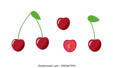 Cherry whole with a leaf, half a cherry berry with a stone. Vector illustration of a set of fresh cherry berries